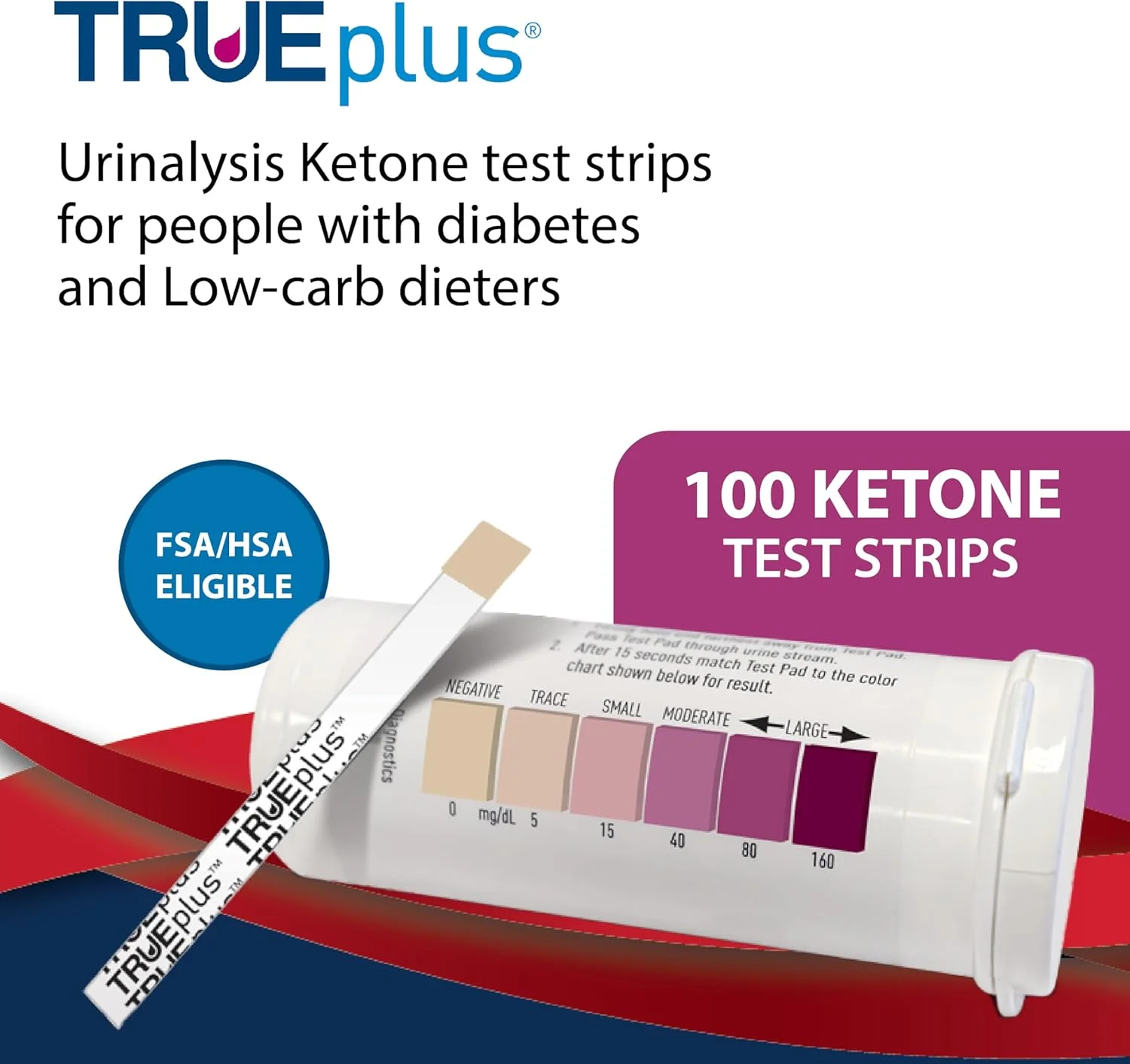 نوارهای تست کتون TRUEplus® - ایده آل برای رژیم گیرندگان کم کربوهیدرات - ساخت ایالات متحده آمریکا - نوارهای تست ادرار (100 عدد)