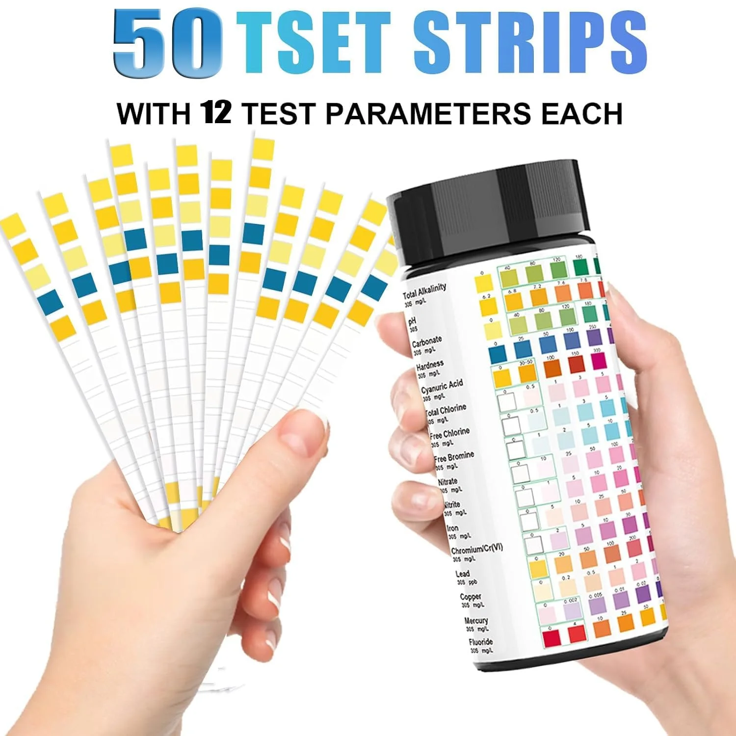 کیت های تست آب آشامیدنی - 50 نوار 12 در 1 برای چاه، نوارهای تست آب با سختی، pH، سرب، آهن، مس، کلر و موارد دیگر. سلامت پوست و کیفیت زندگی را تضمین کنید. (کیفیت آب)