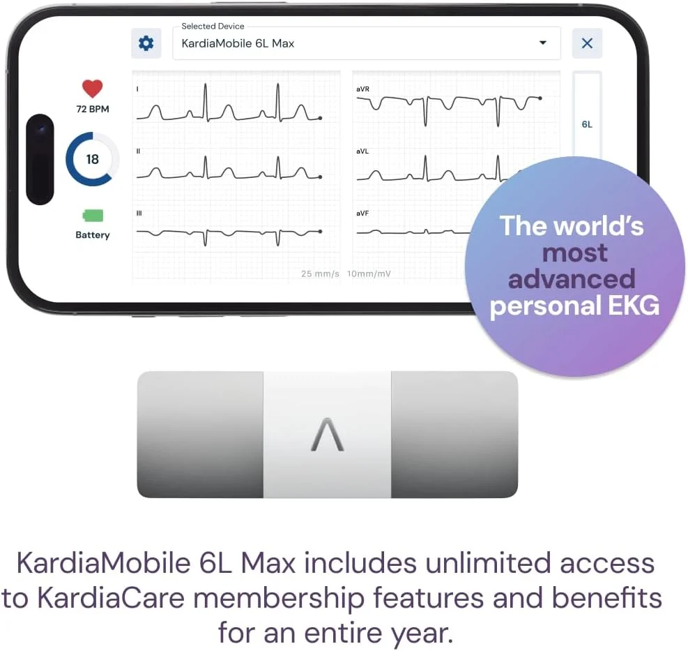 دستگاه نوار قلب شخصی AliveCor KardiaMobile – 6 لید - ثبت نوار قلب در خانه - تشخیص ضربان قلب نامنظم و آریتمی های نامنظم - شامل 1 سال دسترسی - سازگار با اکثر تلفن های هوشمند