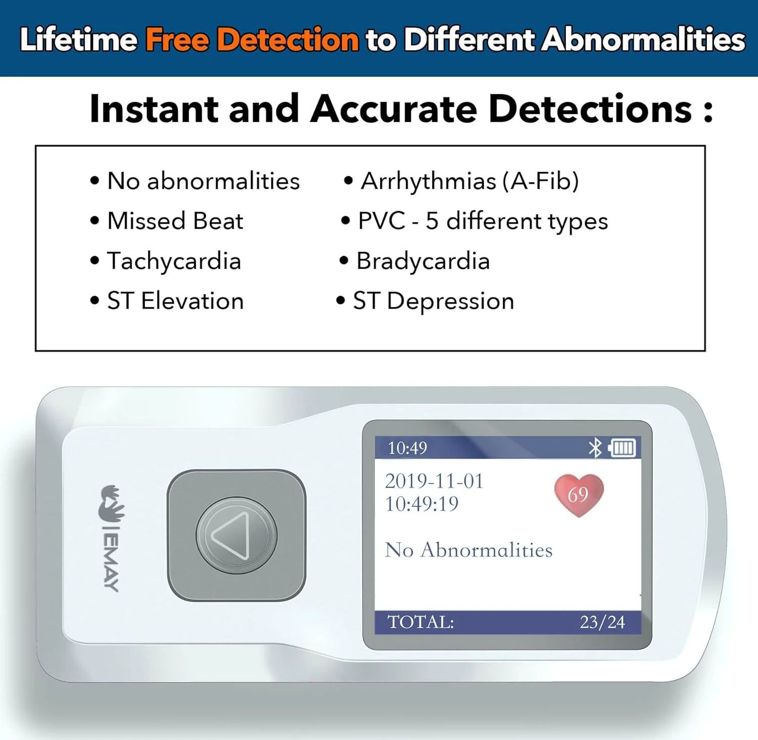 دستگاه نوار قلب قابل حمل بلوتوثی امِی (سازگار با آیفون، اندروید، مک و ویندوز) | دستگاه نوار قلب شخصی بی سیم سازگار با تلفن های هوشمند | ثبت ریتم و ضربان قلب، ارائه تشخیص فوری (EMG-20)