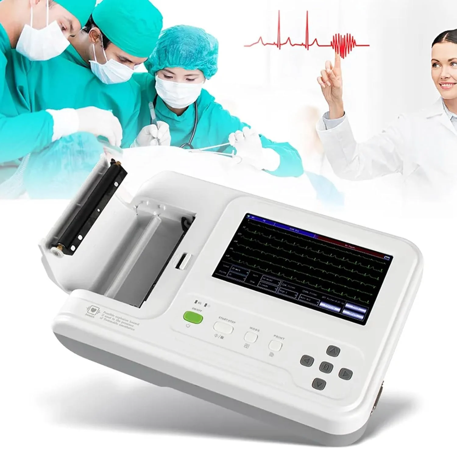 دستگاه الکتروکاردیوگراف ECG قابل حمل 12 لید با صفحه نمایش لمسی 7 اینچی LCD و 6 کانال به همراه نرم افزار