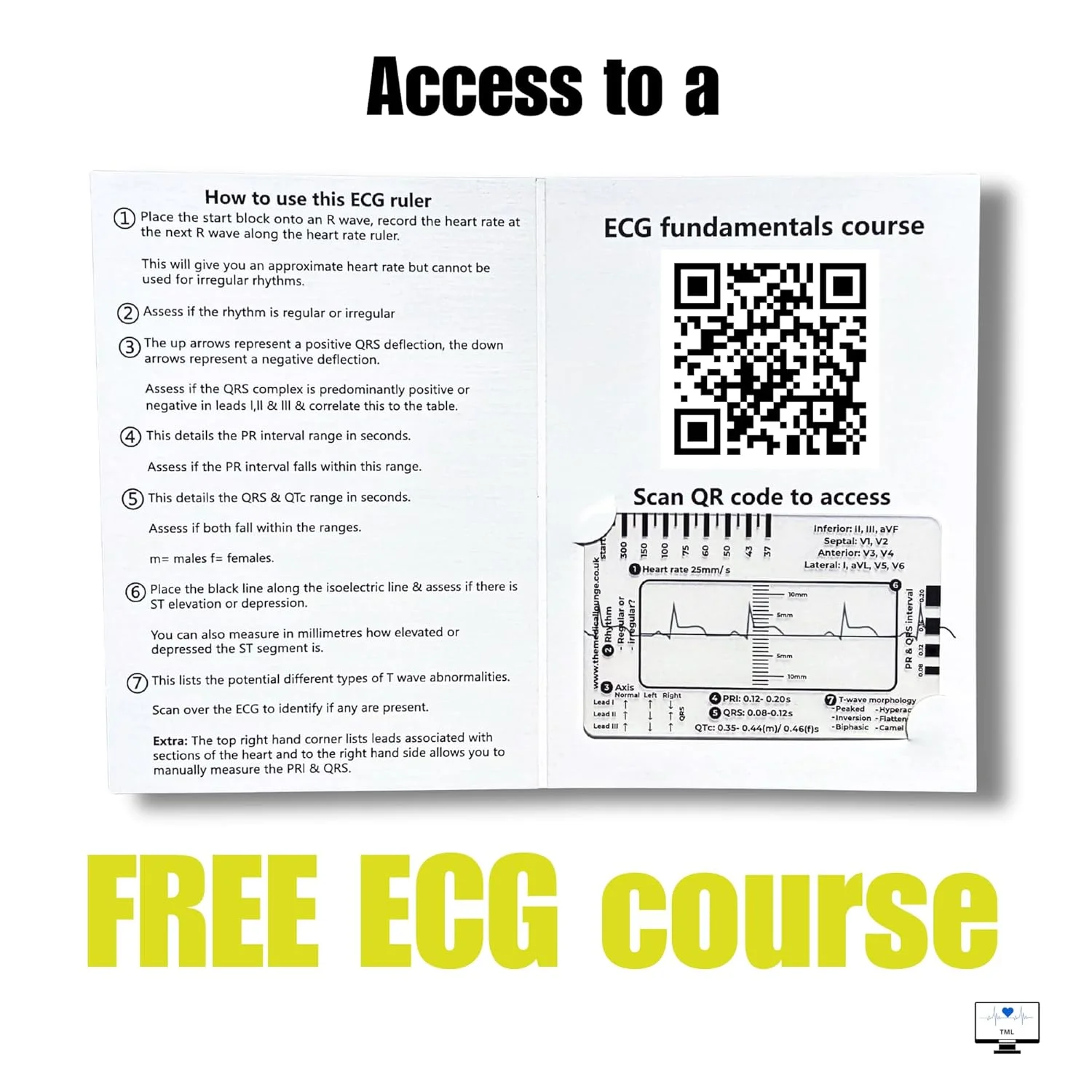 خط کش نوار قلب شفاف با دسترسی به دوره آنلاین مبانی نوار قلب، کارت جیبی اندازه گیری نوار قلب، برای پیراپزشکان، پرستاران، پزشکان و دانشجویان، راهنمای 7 مرحله ای