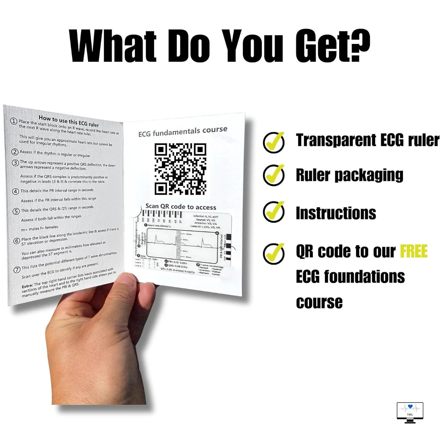 خط کش نوار قلب شفاف با دسترسی به دوره آنلاین مبانی نوار قلب، کارت جیبی اندازه گیری نوار قلب، برای پیراپزشکان، پرستاران، پزشکان و دانشجویان، راهنمای 7 مرحله ای