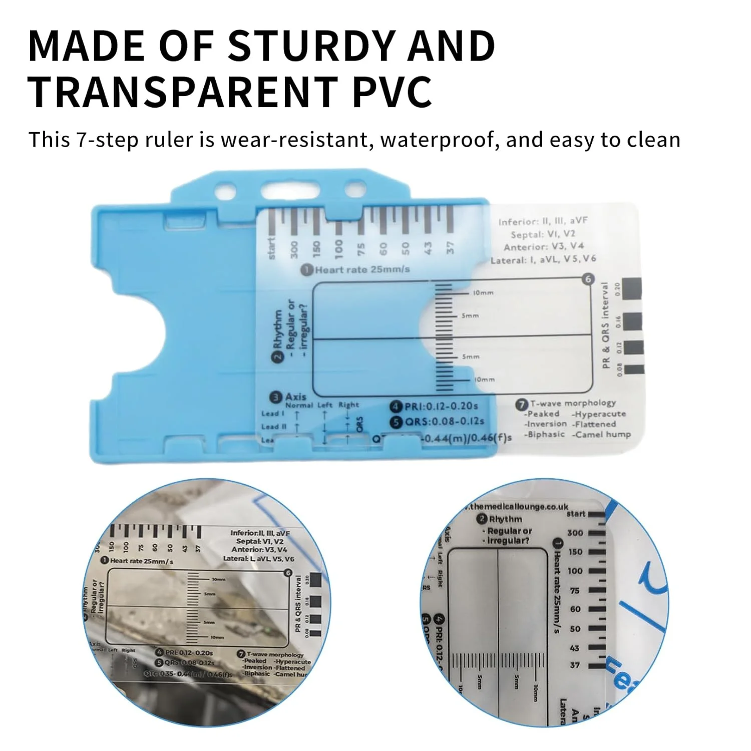 خط کش نوار قلب، خط کش ۷ مرحله ای نوار قلب برای تفسیر نوار قلب/الکتروکاردیوگرام، کارت جیبی خط کش نوار قلب، ابزار اندازه گیری خط کش پلاستیکی ۷ مرحله ای، مجموعه کارت خوان نوار قلب با راهنمای مرجع، کولیس های شفاف نوار قلب