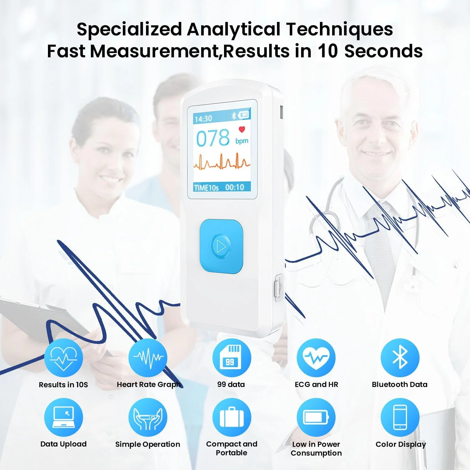 دستگاه نوار قلب قابل حمل مجهز به صفحه نمایش LCD و قابلیت ذخیره سازی، ثبت نوار قلب و ضربان قلب در هر زمان و هر مکان، نتیجه فوری در 10 ثانیه، سازگار با تلفن هوشمند و کامپیوتر، کاربری آسان