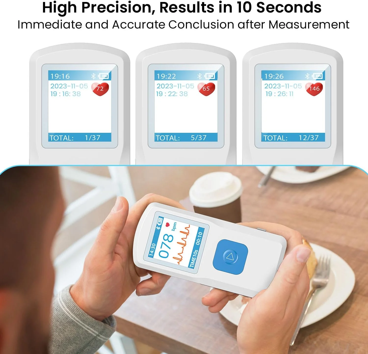 دستگاه نوار قلب قابل حمل مجهز به صفحه نمایش LCD و قابلیت ذخیره سازی، ثبت نوار قلب و ضربان قلب در هر زمان و هر مکان، نتیجه فوری در 10 ثانیه، سازگار با تلفن هوشمند و کامپیوتر، کاربری آسان