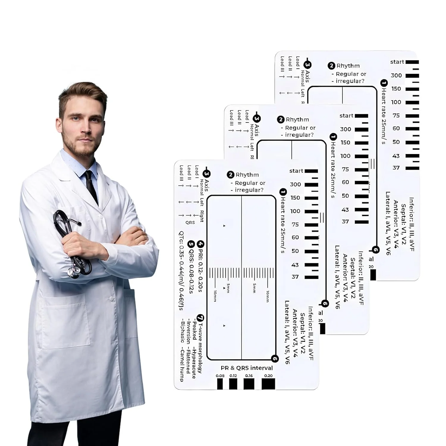 خط کش ۷ مرحله ای نوار قلب، کارت شفاف نوار قلب، ابزار ارزیابی قابل حمل، مجموعه خط کش خواندن نوار قلب برای دانشجویان، پیراپزشکان، تکنسین های اورژانس، پرستاران و پزشکان (۳ عدد)