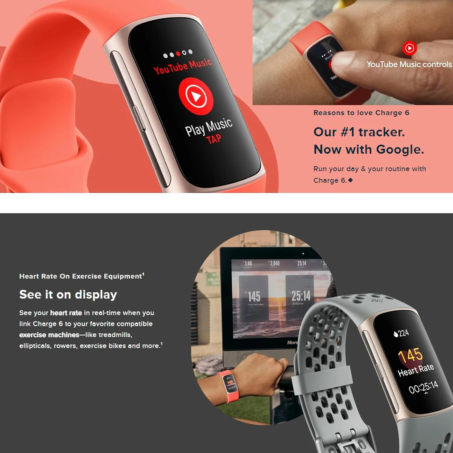 ساعت ردیاب تناسب اندام فیت بیت Charge 6 (مرجانی) به همراه 2 بند ساعت، کابل شارژ 1 متری، آداپتور دیواری، 2 محافظ صفحه نمایش و پارچه