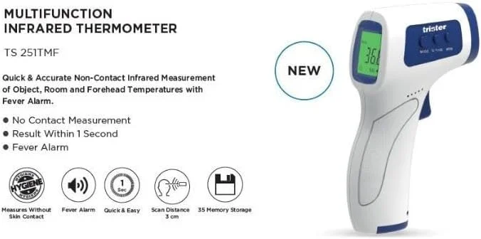 دماسنج تفنگی مادون قرمز چند منظوره تریستر مدل TS-251TMF - اندازه گیری غیر تماسی پیشانی/اشیاء/اتاق، هشدار تب، ذخیره سازی 35 حافظه، اسکن در 1-2 ثانیه، قابل تغییر بین ℃/℉