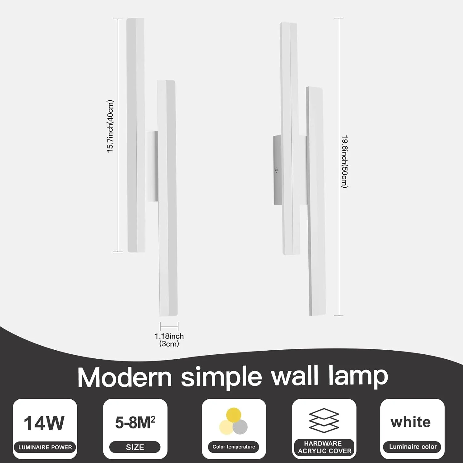 چراغ دیواری LED اتاق خواب YATAI LIGHTING (بسته بندی جدید)، چراغ دیواری کم نور شونده، چراغ دیواری 19.6 اینچی کنار تخت، چراغ دیواری مدرن سفید برای اتاق خواب، اتاق نشیمن، راهرو، حمام (سفید)