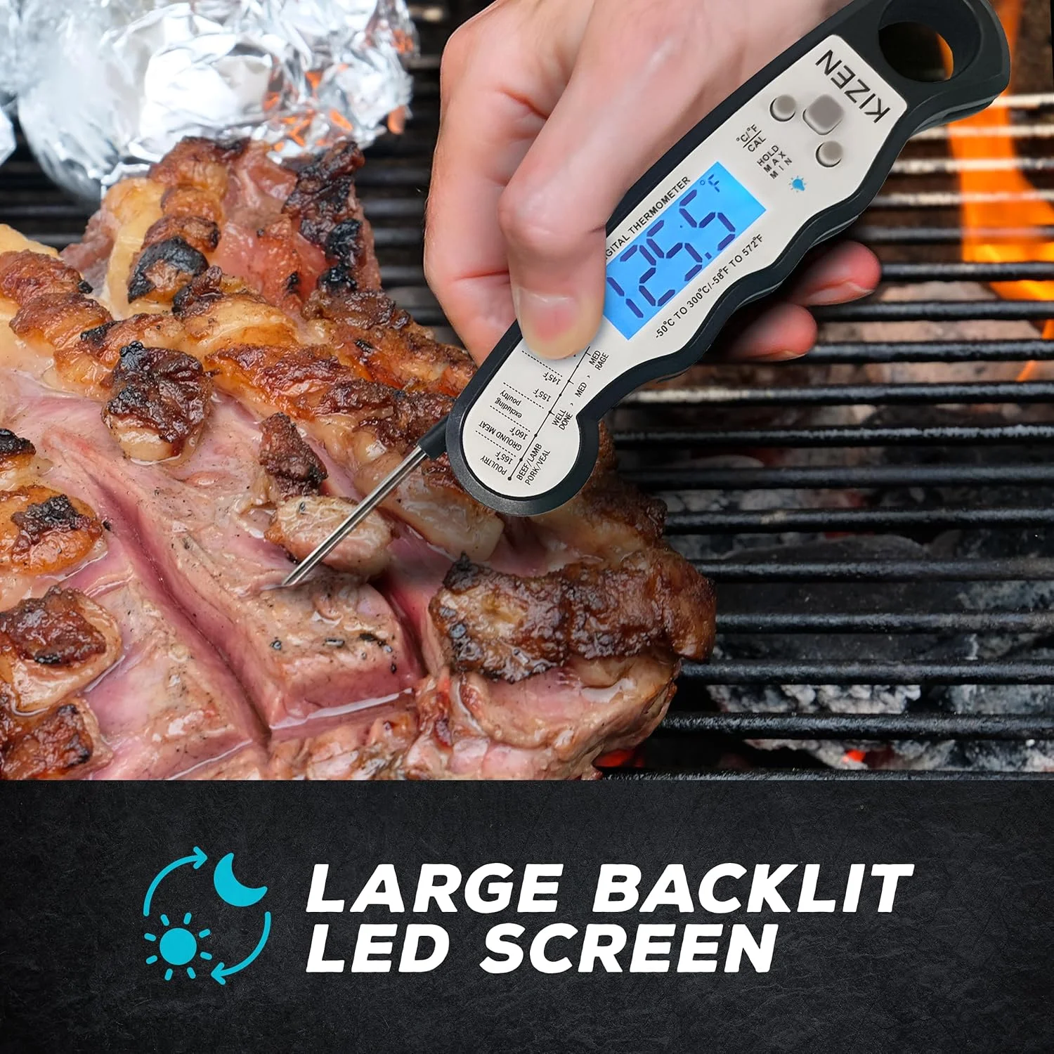 دماسنج دیجیتال گوشت کیزن با قابلیت خوانش فوری - دماسنج غذا برای پخت و پز، گریل، فر، باربیکیو - ضد آب و دارای صفحه نمایش با نور پس زمینه - ابزار آشپزخانه