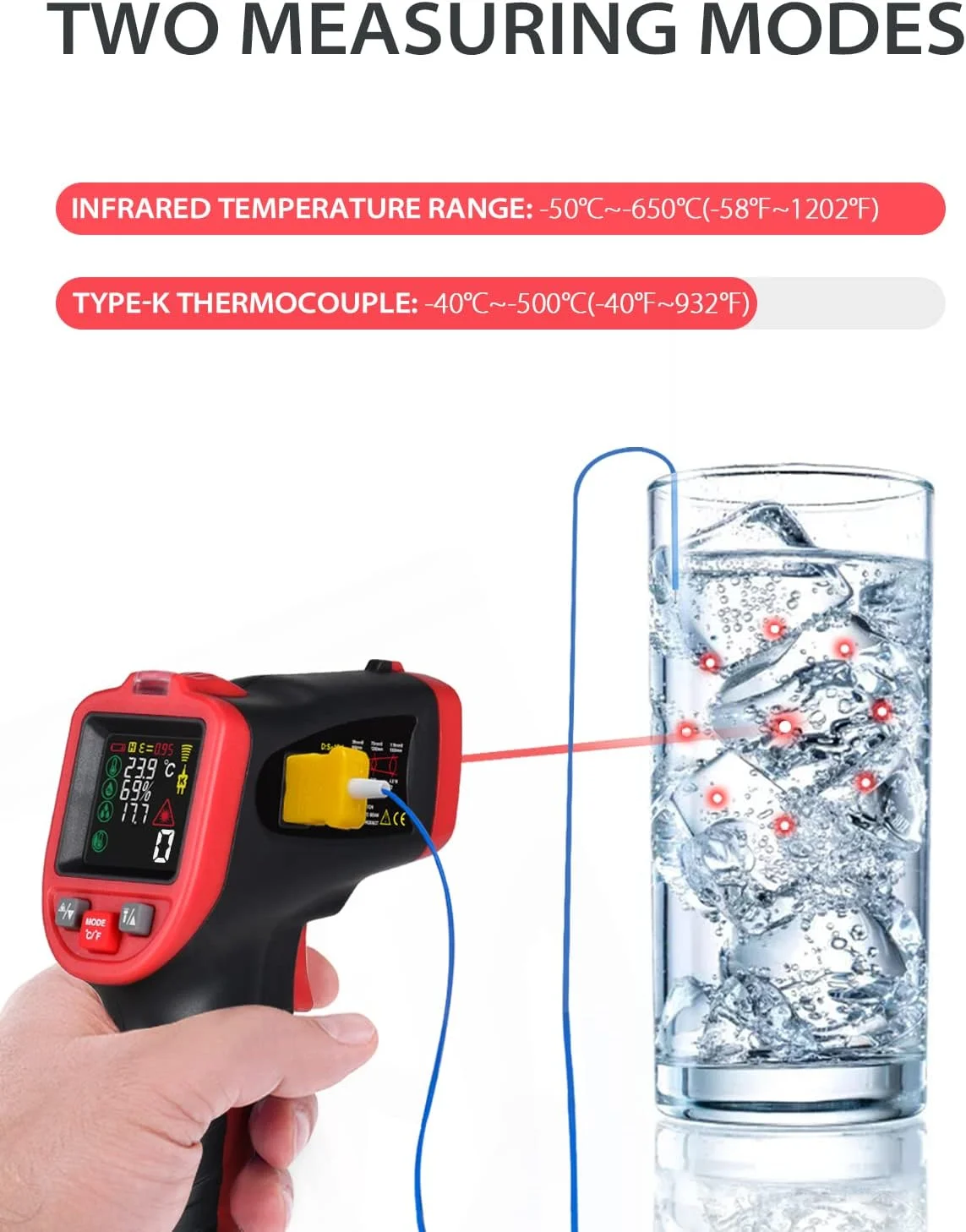 ترمومتر مادون قرمز وینتاکت -50 تا 650 درجه سانتیگراد، ترمومتر لیزری IR برای تشخیص قالب، دمای محیط، سطح، رطوبت با زنگ هشدار دمای نقطه شبنم اتوماتیک، پروب ترموکوپل نوع K ترمومتر مادون قرمز وینتاکت -50 تا 650 درجه سانتیگراد، ترمومتر لیزری IR برای تشخیص قالب، دمای محیط، سطح، رطوبت با زنگ هشدار دمای نقطه شبنم اتوماتیک، پروب ترموکوپل نوع K