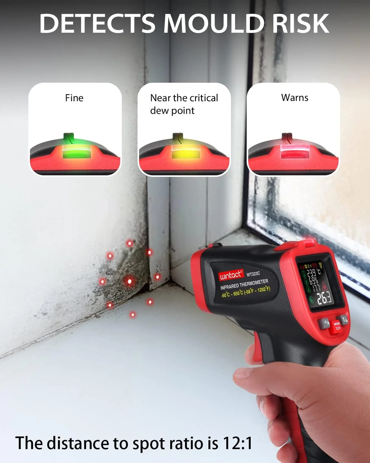 ترمومتر مادون قرمز وینتاکت -50 تا 650 درجه سانتیگراد، ترمومتر لیزری IR برای تشخیص قالب، دمای محیط، سطح، رطوبت با زنگ هشدار دمای نقطه شبنم اتوماتیک، پروب ترموکوپل نوع K ترمومتر مادون قرمز وینتاکت -50 تا 650 درجه سانتیگراد، ترمومتر لیزری IR برای تشخیص قالب، دمای محیط، سطح، رطوبت با زنگ هشدار دمای نقطه شبنم اتوماتیک، پروب ترموکوپل نوع K