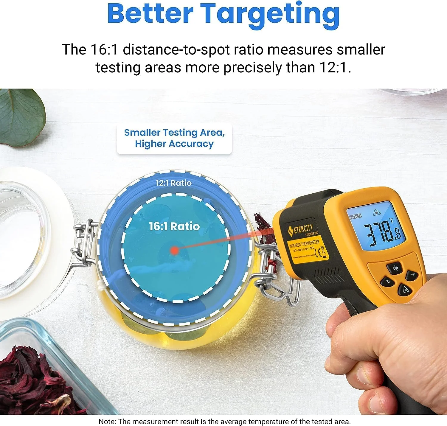 دماسنج مادون قرمز Etekcity 800 (غیر انسانی) تفنگ دمای دیجیتال غیر تماسی، نسبت Dts 16:1، -50 درجه سانتیگراد تا 750 درجه سانتیگراد، زرد و مشکی