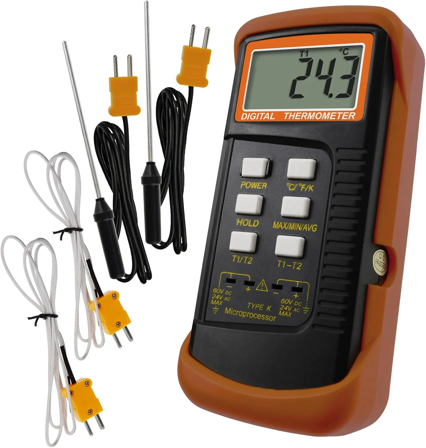 دماسنج دیجیتال 2 کاناله نوع K با 4 ترموکوپل (سیمی و استیل ضد زنگ)، -50~1300°C (-58~2372°F) دسکتاپ دستی با مقیاس کلوین برای اندازه گیری دوگانه