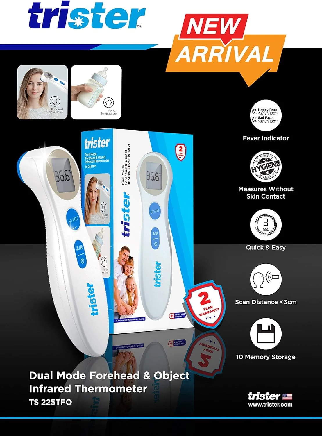 دماسنج پیشانی و مادون قرمز دو حالته تریستر مدل TS‑225TFO - حالت های اندازه گیری بدن و اشیا بدون تماس، هشدار تب، اسکن ≤3 سانتی متر، حافظه 10 خوانش، صفحه نمایش LCD بزرگ دماسنج پیشانی و مادون قرمز دو حالته تریستر مدل TS‑225TFO - حالت های اندازه گیری بدن و اشیا بدون تماس، هشدار تب، اسکن ≤3 سانتی متر، حافظه 10 خوانش، صفحه نمایش LCD بزرگ