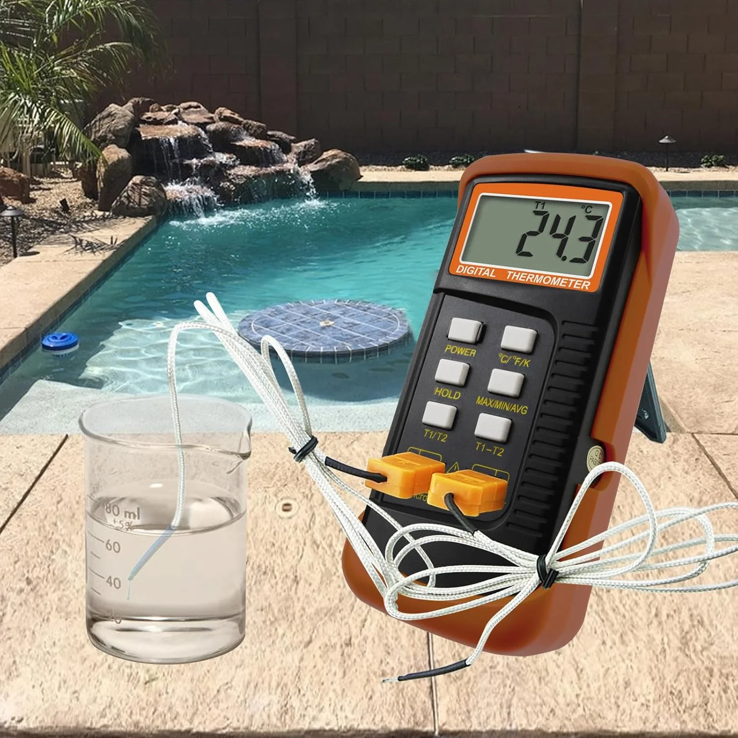 دماسنج دیجیتال 2 کاناله نوع K با 4 ترموکوپل (سیمی و استیل ضد زنگ)، -50~1300°C (-58~2372°F) دسکتاپ دستی با مقیاس کلوین برای اندازه گیری دوگانه