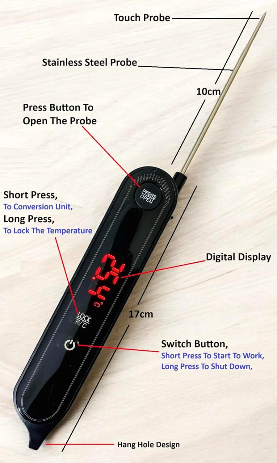 دماسنج دیجیتال غذا با پروب تاشو، رنگ مشکی، 2 عدد، طراحی مدرن LUCKY STARZZZ، به همراه باتری، دکمه های لمسی نرم B1104 دماسنج دیجیتال گوشت خوانش سریع (LSB1104 مشکی-2 عدد) دماسنج دیجیتال غذا با پروب تاشو، رنگ مشکی، 2 عدد، طراحی مدرن LUCKY STARZZZ، به همراه باتری، دکمه های لمسی نرم B1104 دماسنج دیجیتال گوشت خوانش سریع (LSB1104 مشکی-2 عدد)