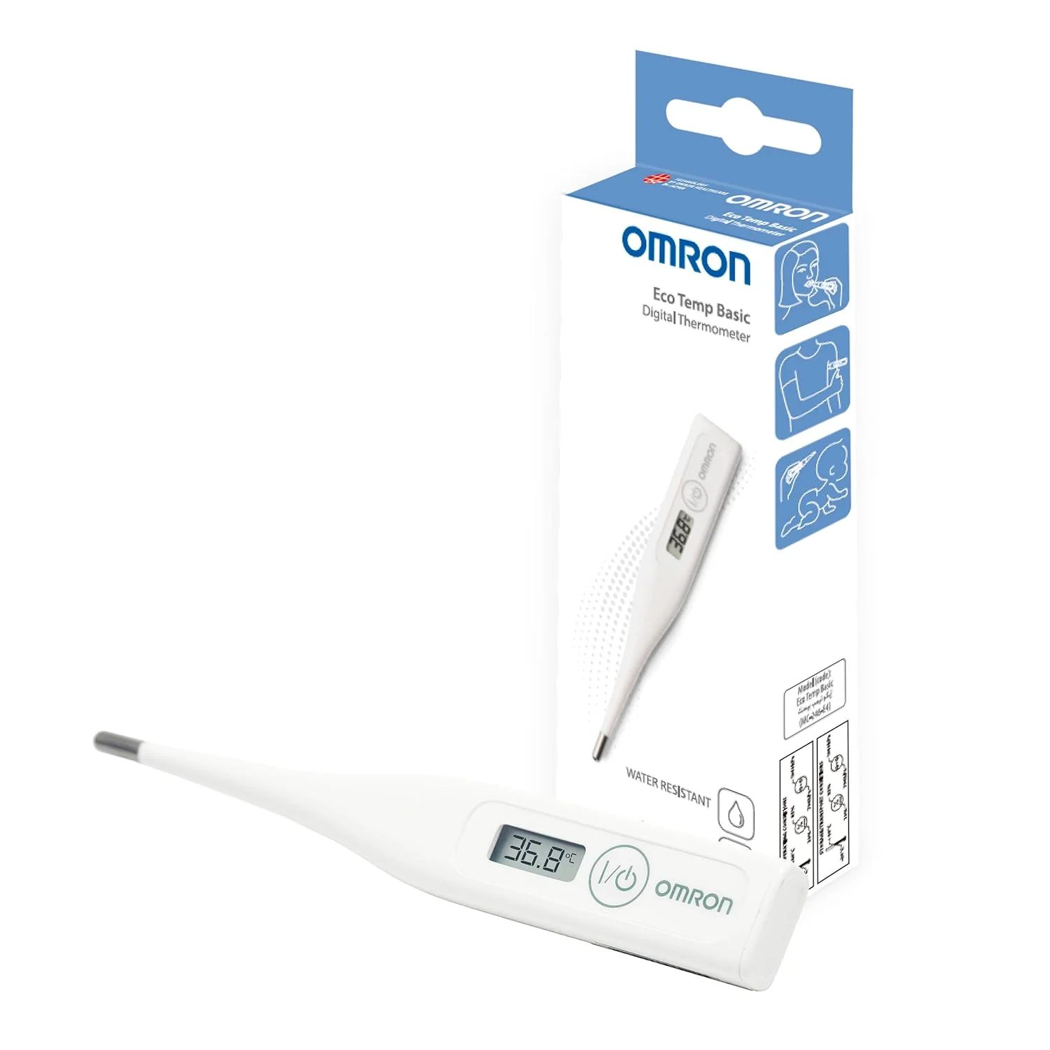 دماسنج دیجیتال امرون Eco Temp Basic، اندازه گیری 3 در 1، نتایج سریع 1 دقیقه ای سانتیگراد فارنهایت، مقاوم در برابر آب، نوک گرد برای نوزادان، کودکان و بزرگسالان، حافظه، نور پس زمینه شب