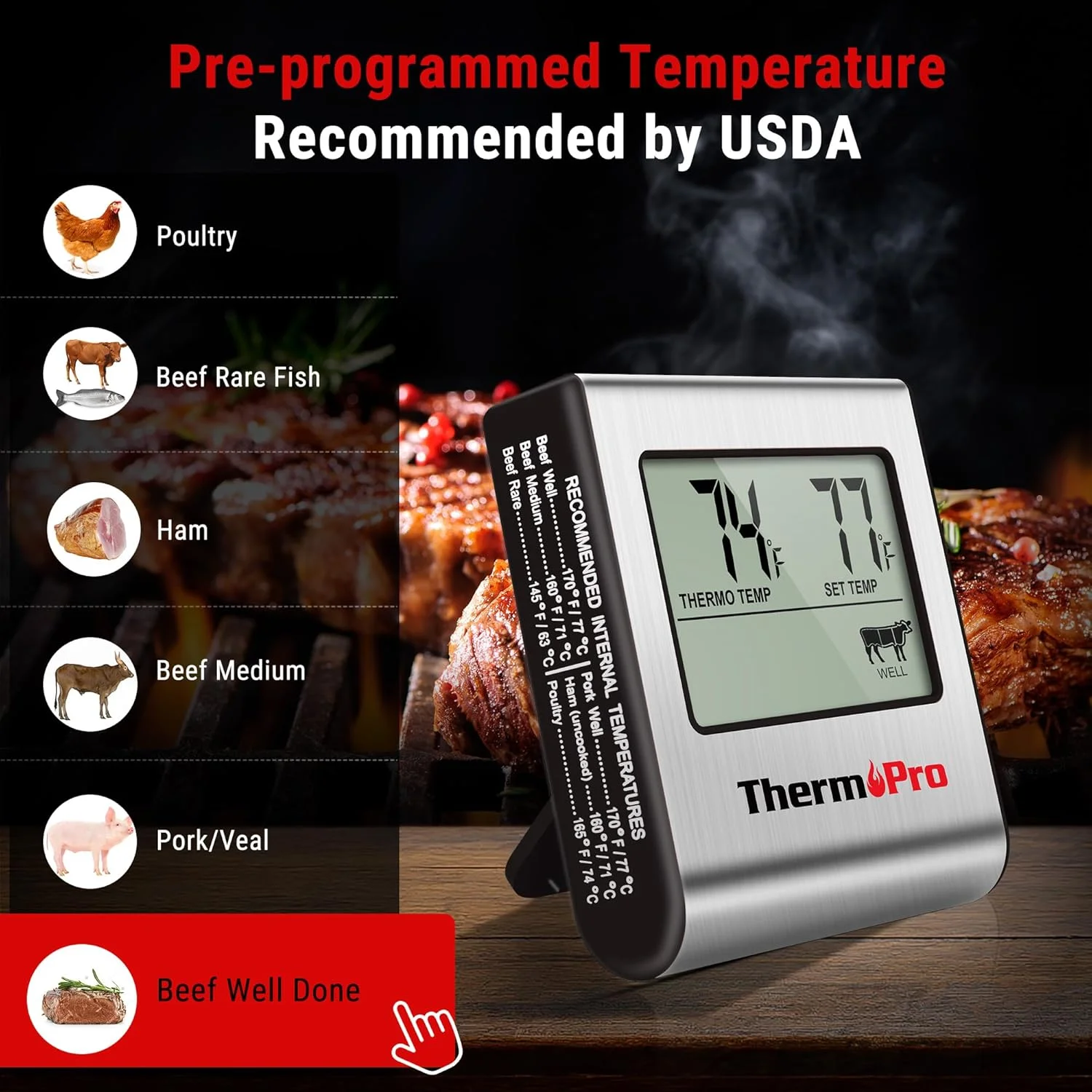 دماسنج غذای دیجیتال با صفحه نمایش بزرگ ThermoPro TP-16 برای فر، آشپزخانه، باربیکیو، گریل، دارای تایمر و پروب استیل ضد زنگ دماسنج غذای دیجیتال با صفحه نمایش بزرگ ThermoPro TP-16 برای فر، آشپزخانه، باربیکیو، گریل، دارای تایمر و پروب استیل ضد زنگ
