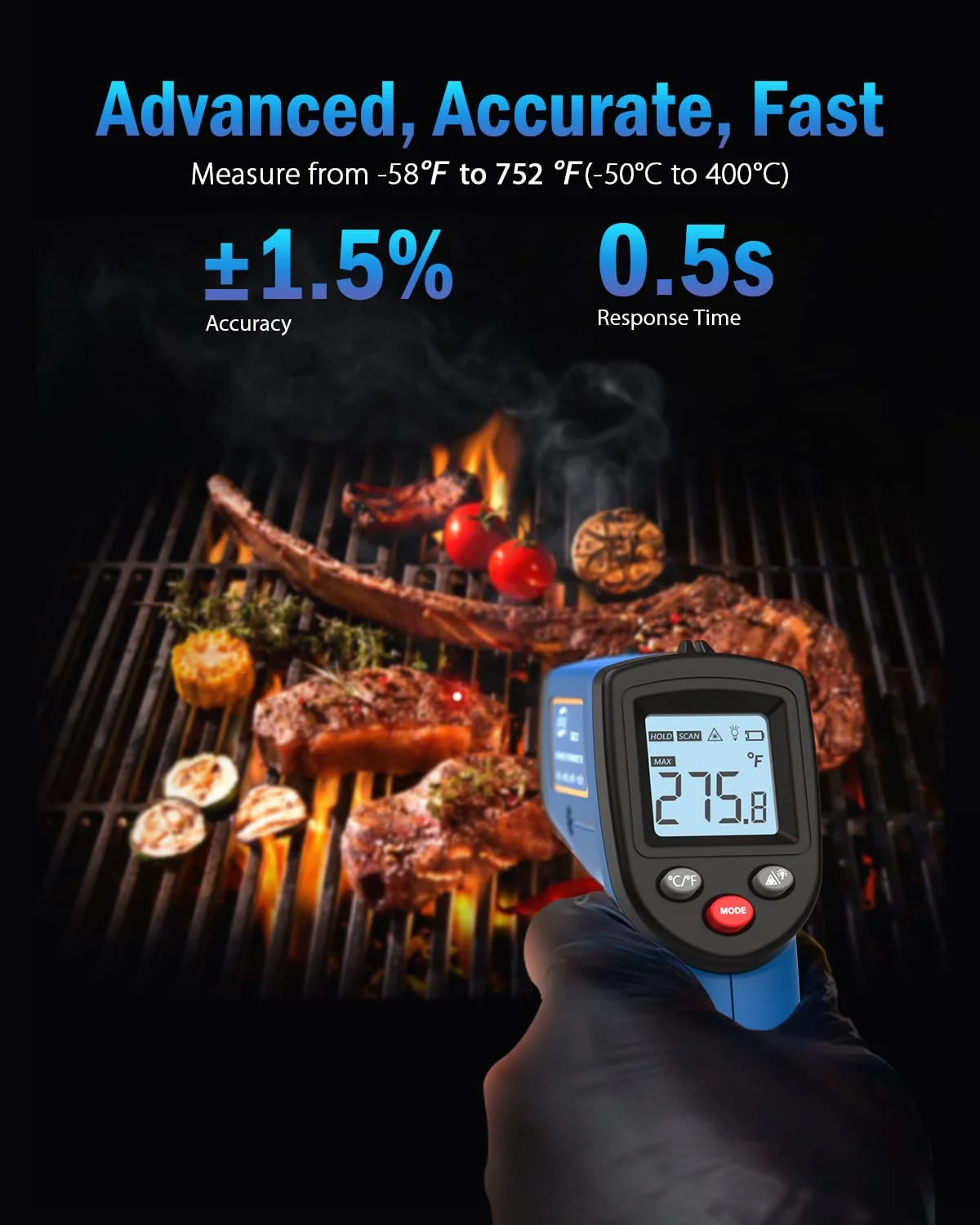 ترمومتر لیزری مادون قرمز Benetech، تفنگ دمای سطح دیجیتال غیر تماسی برای پخت و پز غذا، فر پیتزا، تابه گریل، گوشت، یخچال، HVAC، گریل، موتور (GM321)