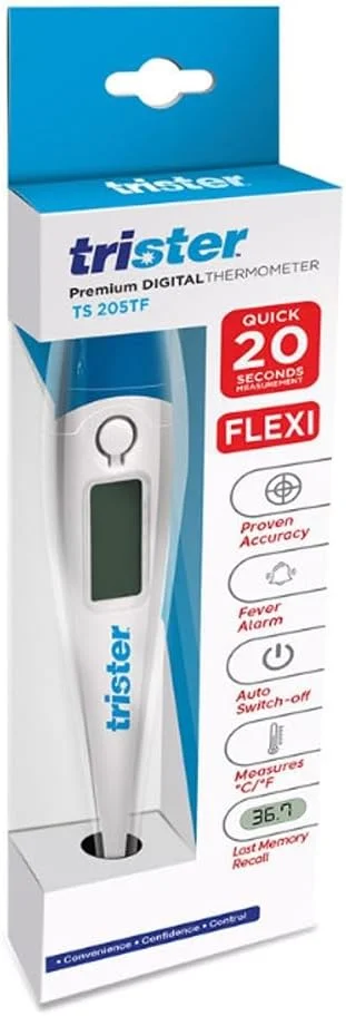 دماسنج دیجیتال تریستر مدل TS-205TF با نوک انعطاف پذیر - مناسب برای استفاده دهانی/زیر بغل/مقعدی، هشدار تب، خاموشی خودکار، نمایش °C/°F، قابلیت فراخوانی آخرین حافظه دماسنج دیجیتال تریستر مدل TS-205TF با نوک انعطاف پذیر - مناسب برای استفاده دهانی/زیر بغل/مقعدی، هشدار تب، خاموشی خودکار، نمایش °C/°F، قابلیت فراخوانی آخرین حافظه