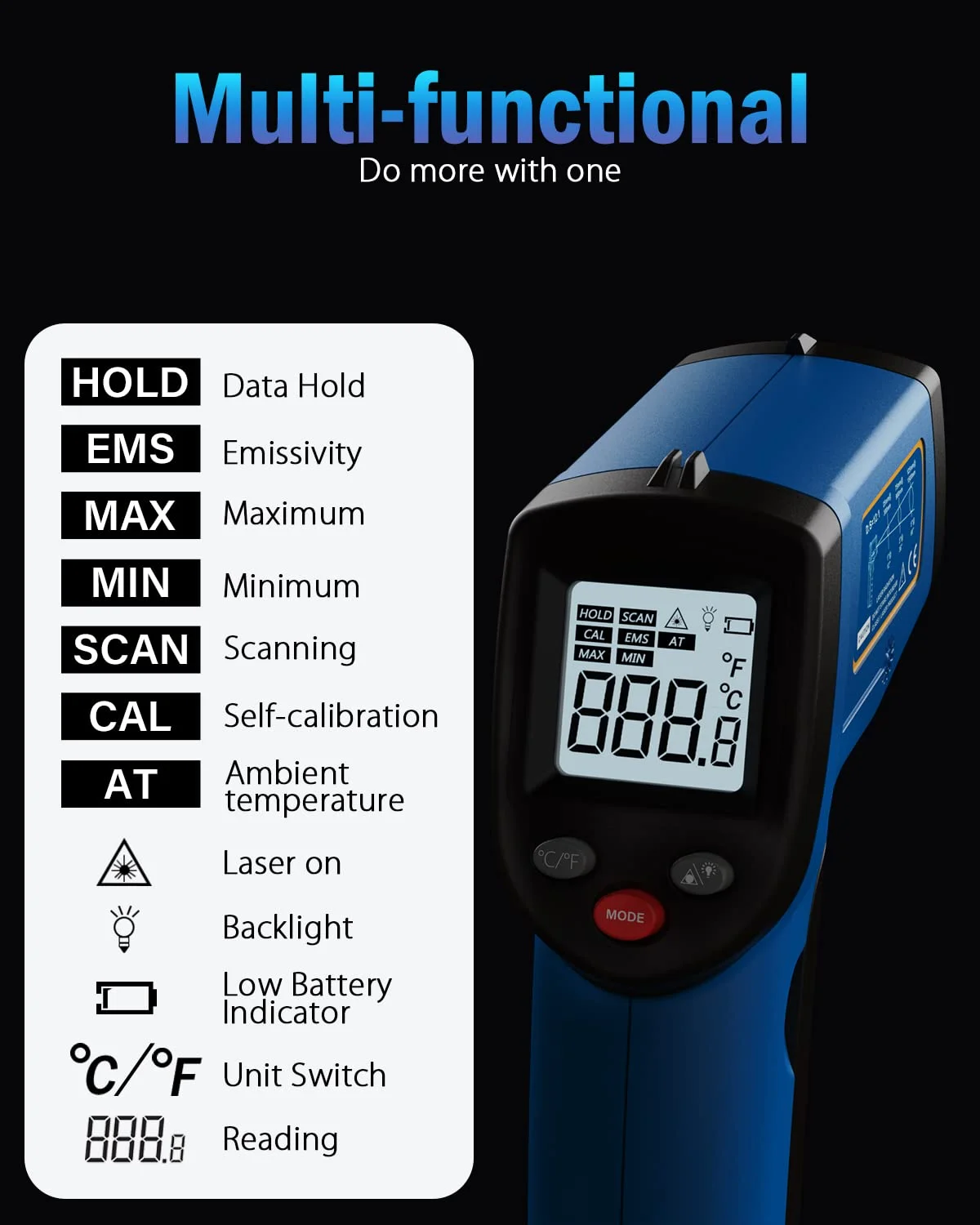 ترمومتر لیزری مادون قرمز Benetech، تفنگ دمای سطح دیجیتال غیر تماسی برای پخت و پز غذا، فر پیتزا، تابه گریل، گوشت، یخچال، HVAC، گریل، موتور (GM321)