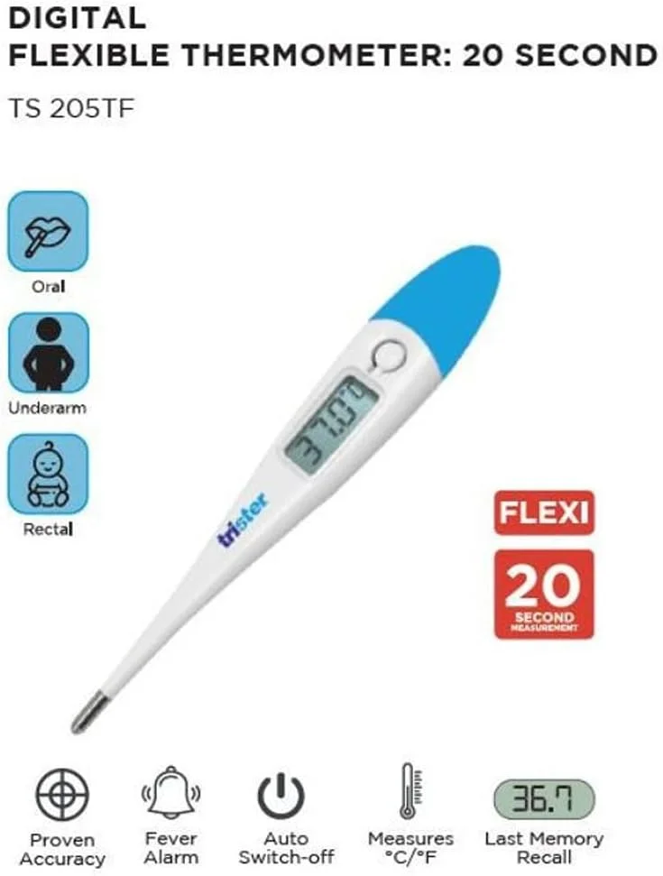 دماسنج دیجیتال تریستر مدل TS-205TF با نوک انعطاف پذیر - مناسب برای استفاده دهانی/زیر بغل/مقعدی، هشدار تب، خاموشی خودکار، نمایش °C/°F، قابلیت فراخوانی آخرین حافظه دماسنج دیجیتال تریستر مدل TS-205TF با نوک انعطاف پذیر - مناسب برای استفاده دهانی/زیر بغل/مقعدی، هشدار تب، خاموشی خودکار، نمایش °C/°F، قابلیت فراخوانی آخرین حافظه