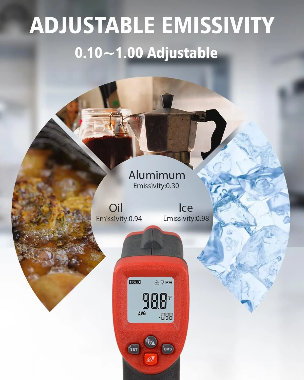 دماسنج مادون قرمز Wintact، -50℃~420℃ تفنگ دمای سطح دیجیتال غیر تماسی، قابلیت تنظیم ضریب انتشار برای آشپزخانه، یخچال، فریزر، پخت و پز، غذا، گوشت (نه برای انسان) دماسنج مادون قرمز Wintact، -50℃~420℃ تفنگ دمای سطح دیجیتال غیر تماسی، قابلیت تنظیم ضریب انتشار برای آشپزخانه، یخچال، فریزر، پخت و پز، غذا، گوشت (نه برای انسان)