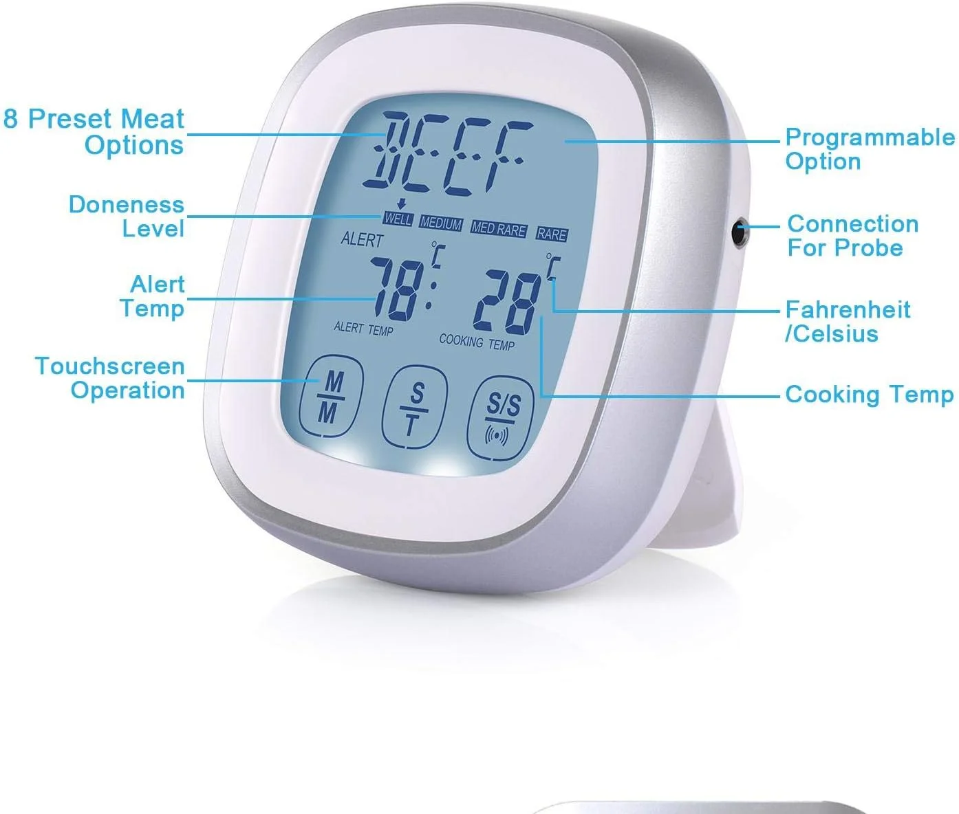 دماسنج گوشت دیجیتال لمسی تاپلاس با هشدار تایمر و پروب مواد غذایی برای آشپزی در آشپزخانه، باربیکیو و گریل (شامل باتری)