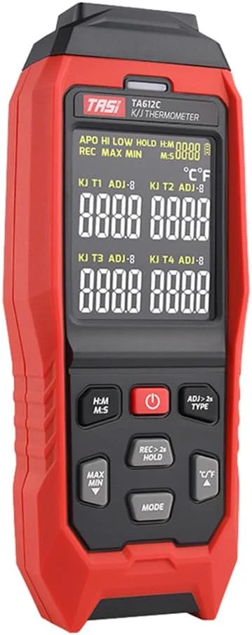 دماسنج ترموکوپل OUNA مدل TA612C با 4 کانال K/J، محدوده دمایی 200- تا 1372 درجه سانتیگراد / 328- تا 2501 درجه فارنهایت، دماسنج دیجیتال دستی LCD با قابلیت ذخیره 5000 گروه داده، آپلود داده از طریق USB و اندازه گیری لحظه ای دماسنج ترموکوپل OUNA مدل TA612C با 4 کانال K/J، محدوده دمایی 200- تا 1372 درجه سانتیگراد / 328- تا 2501 درجه فارنهایت، دماسنج دیجیتال دستی LCD با قابلیت ذخیره 5000 گروه داده، آپلود داده از طریق USB و اندازه گیری لحظه ای