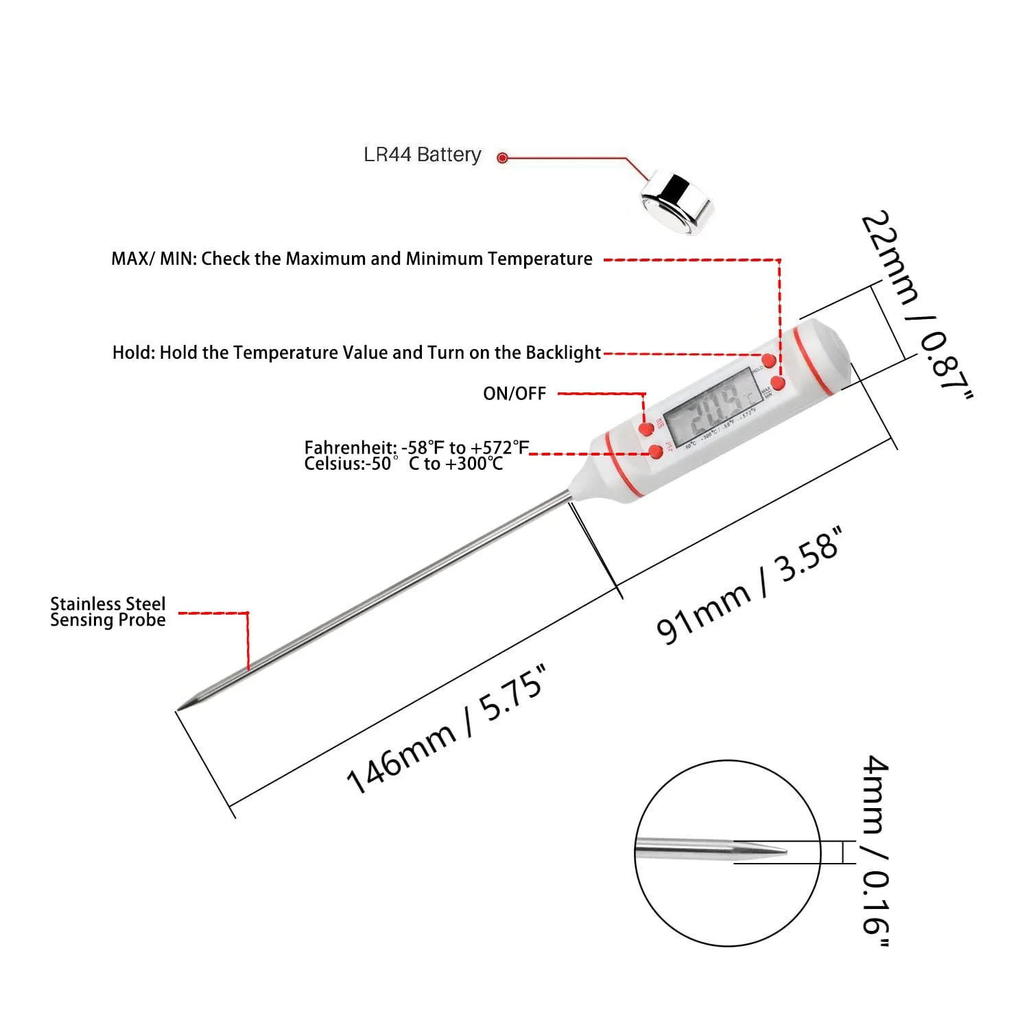 دماسنج تفنگی دیجیتال پخت و پز با پروب بلند و کالیبراسیون خودکار -50 تا 400 درجه سانتیگراد، دماسنج لیزری غیر تماسی با نور پس زمینه (نه برای انسان)، اندازه گیری حداکثر و حداقل دماسنج تفنگی دیجیتال پخت و پز با پروب بلند و کالیبراسیون خودکار -50 تا 400 درجه سانتیگراد، دماسنج لیزری غیر تماسی با نور پس زمینه (نه برای انسان)، اندازه گیری حداکثر و حداقل