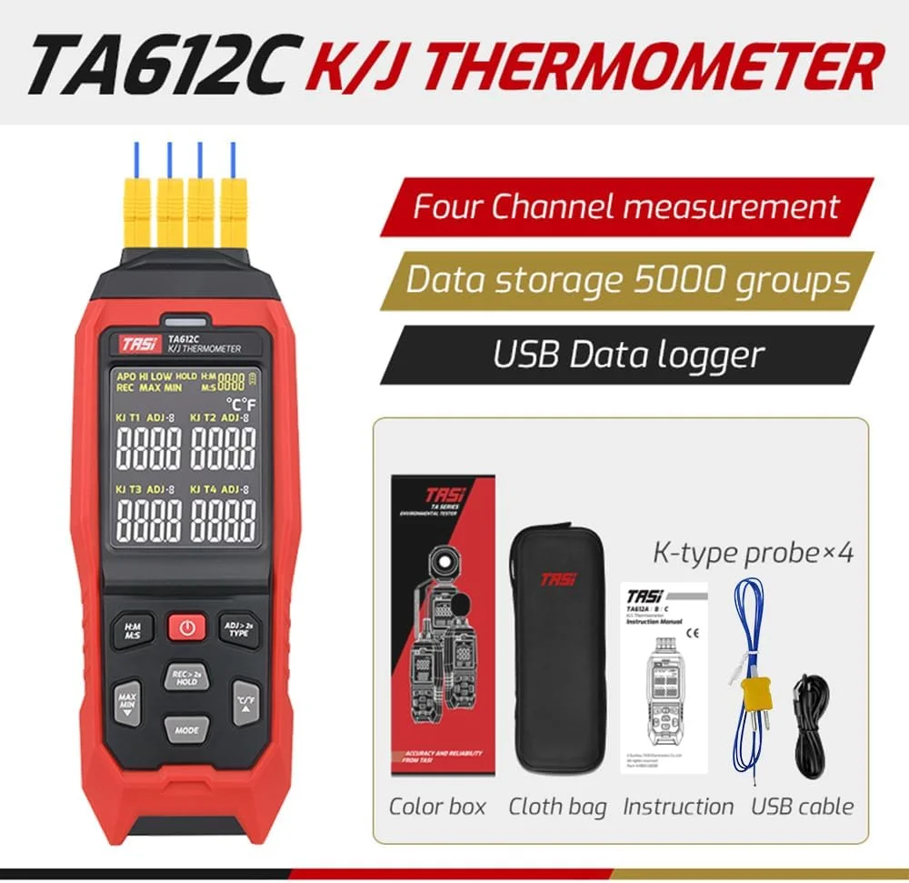 دماسنج ترموکوپل OUNA مدل TA612C با 4 کانال K/J، محدوده دمایی 200- تا 1372 درجه سانتیگراد / 328- تا 2501 درجه فارنهایت، دماسنج دیجیتال دستی LCD با قابلیت ذخیره 5000 گروه داده، آپلود داده از طریق USB و اندازه گیری لحظه ای دماسنج ترموکوپل OUNA مدل TA612C با 4 کانال K/J، محدوده دمایی 200- تا 1372 درجه سانتیگراد / 328- تا 2501 درجه فارنهایت، دماسنج دیجیتال دستی LCD با قابلیت ذخیره 5000 گروه داده، آپلود داده از طریق USB و اندازه گیری لحظه ای