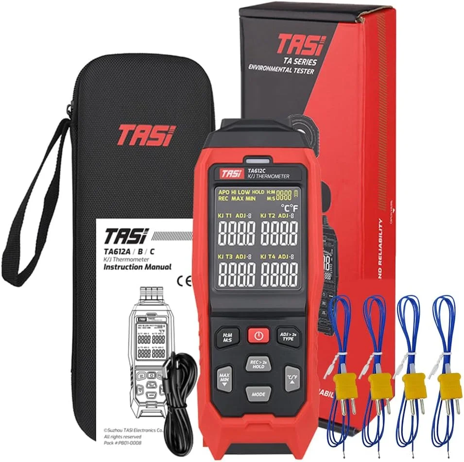 دماسنج ترموکوپل OUNA مدل TA612C با 4 کانال K/J، محدوده دمایی 200- تا 1372 درجه سانتیگراد / 328- تا 2501 درجه فارنهایت، دماسنج دیجیتال دستی LCD با قابلیت ذخیره 5000 گروه داده، آپلود داده از طریق USB و اندازه گیری لحظه ای دماسنج ترموکوپل OUNA مدل TA612C با 4 کانال K/J، محدوده دمایی 200- تا 1372 درجه سانتیگراد / 328- تا 2501 درجه فارنهایت، دماسنج دیجیتال دستی LCD با قابلیت ذخیره 5000 گروه داده، آپلود داده از طریق USB و اندازه گیری لحظه ای