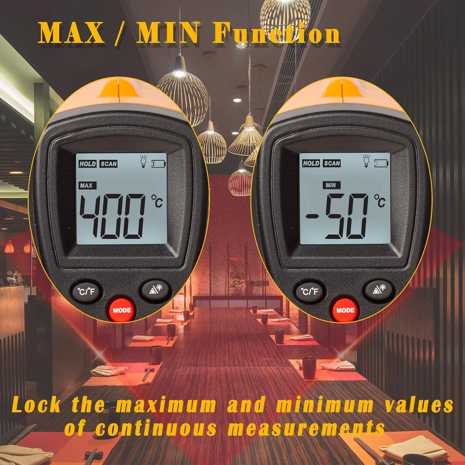 دماسنج تفنگی دیجیتال پخت و پز با پروب بلند و کالیبراسیون خودکار -50 تا 400 درجه سانتیگراد، دماسنج لیزری غیر تماسی با نور پس زمینه (نه برای انسان)، اندازه گیری حداکثر و حداقل دماسنج تفنگی دیجیتال پخت و پز با پروب بلند و کالیبراسیون خودکار -50 تا 400 درجه سانتیگراد، دماسنج لیزری غیر تماسی با نور پس زمینه (نه برای انسان)، اندازه گیری حداکثر و حداقل