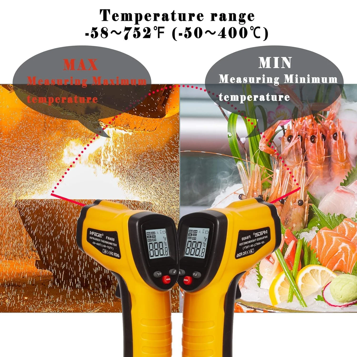 دماسنج تفنگی دیجیتال پخت و پز با پروب بلند و کالیبراسیون خودکار -50 تا 400 درجه سانتیگراد، دماسنج لیزری غیر تماسی با نور پس زمینه (نه برای انسان)، اندازه گیری حداکثر و حداقل دماسنج تفنگی دیجیتال پخت و پز با پروب بلند و کالیبراسیون خودکار -50 تا 400 درجه سانتیگراد، دماسنج لیزری غیر تماسی با نور پس زمینه (نه برای انسان)، اندازه گیری حداکثر و حداقل