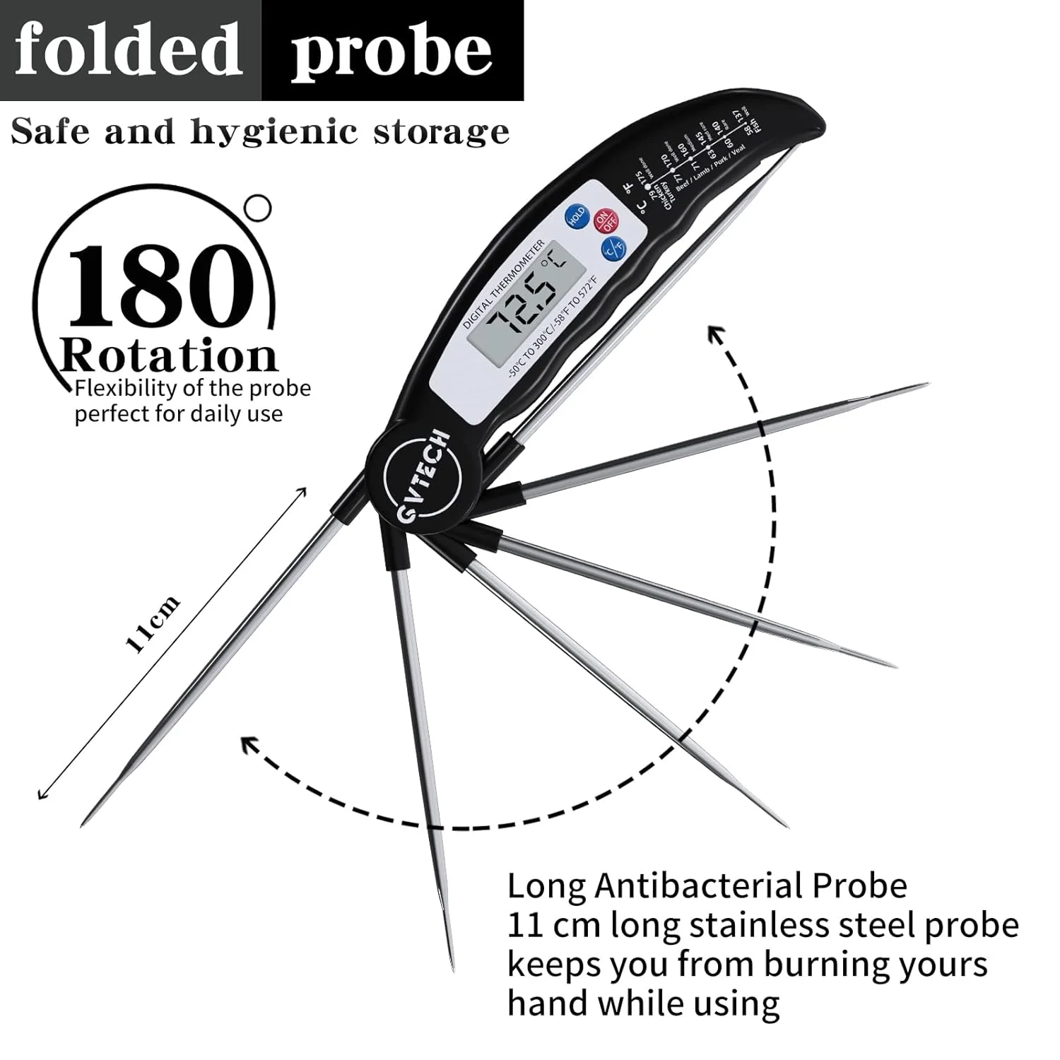 دماسنج غذا، دماسنج دیجیتالی با قابلیت خوانش فوری، دماسنج تاشو با میله بلند، با واحدهای اندازه گیری سانتیگراد و فارنهایت، خاموش و روشن شدن خودکار، مناسب برای آشپزخانه، باربیکیو، آب، شیر، مربا و نوشیدنی های گرم (مشکی)