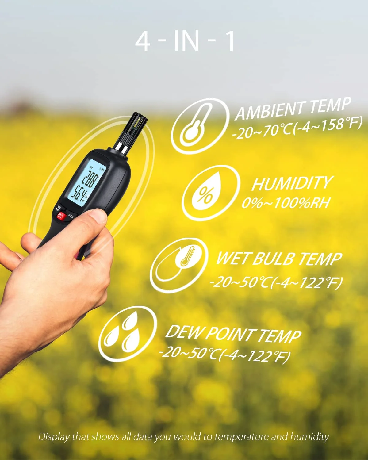 دماسنج و رطوبت سنج دیجیتال Wintact، مانیتور دما و رطوبت با نقطه شبنم و دمای حباب مرطوب، نور پس زمینه، حداکثر/حداقل مقدار، نگه داشتن داده، ذخیره 1000 گروه داده برای داخل و خارج از منزل دماسنج و رطوبت سنج دیجیتال Wintact، مانیتور دما و رطوبت با نقطه شبنم و دمای حباب مرطوب، نور پس زمینه، حداکثر/حداقل مقدار، نگه داشتن داده، ذخیره 1000 گروه داده برای داخل و خارج از منزل