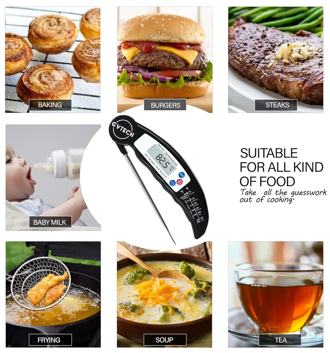 دماسنج غذا، دماسنج دیجیتالی با قابلیت خوانش فوری، دماسنج تاشو با میله بلند، با واحدهای اندازه گیری سانتیگراد و فارنهایت، خاموش و روشن شدن خودکار، مناسب برای آشپزخانه، باربیکیو، آب، شیر، مربا و نوشیدنی های گرم (مشکی)