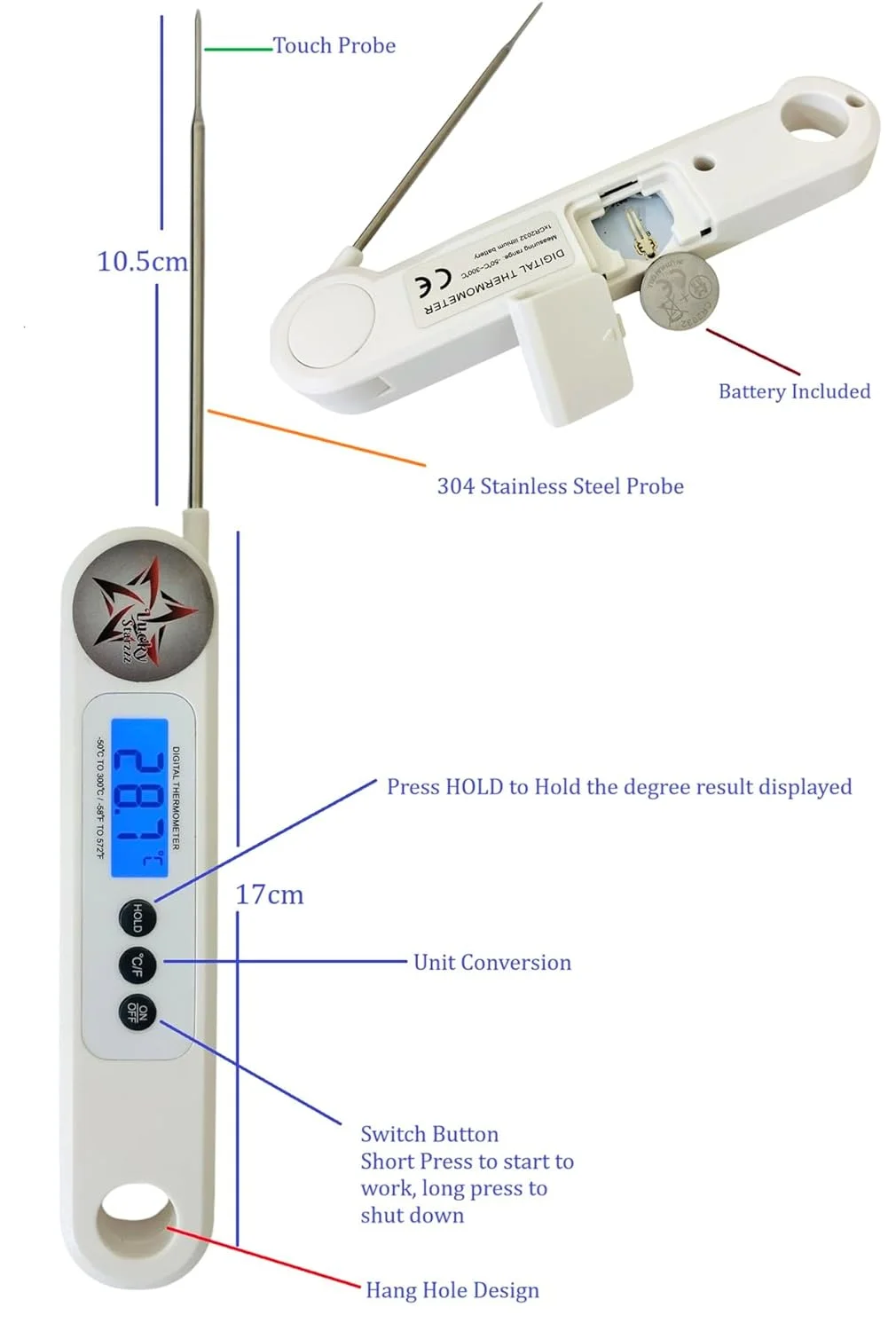 دماسنج غذا تاشو سفید 1 عددی LUCKY STARZZZ به همراه باتری، دماسنج دیجیتال گوشت با نمایشگر آبی LSDT11 با قابلیت خوانش فوری (سفید LSDT11BW - 1 عدد) دماسنج غذا تاشو سفید 1 عددی LUCKY STARZZZ به همراه باتری، دماسنج دیجیتال گوشت با نمایشگر آبی LSDT11 با قابلیت خوانش فوری (سفید LSDT11BW - 1 عدد)