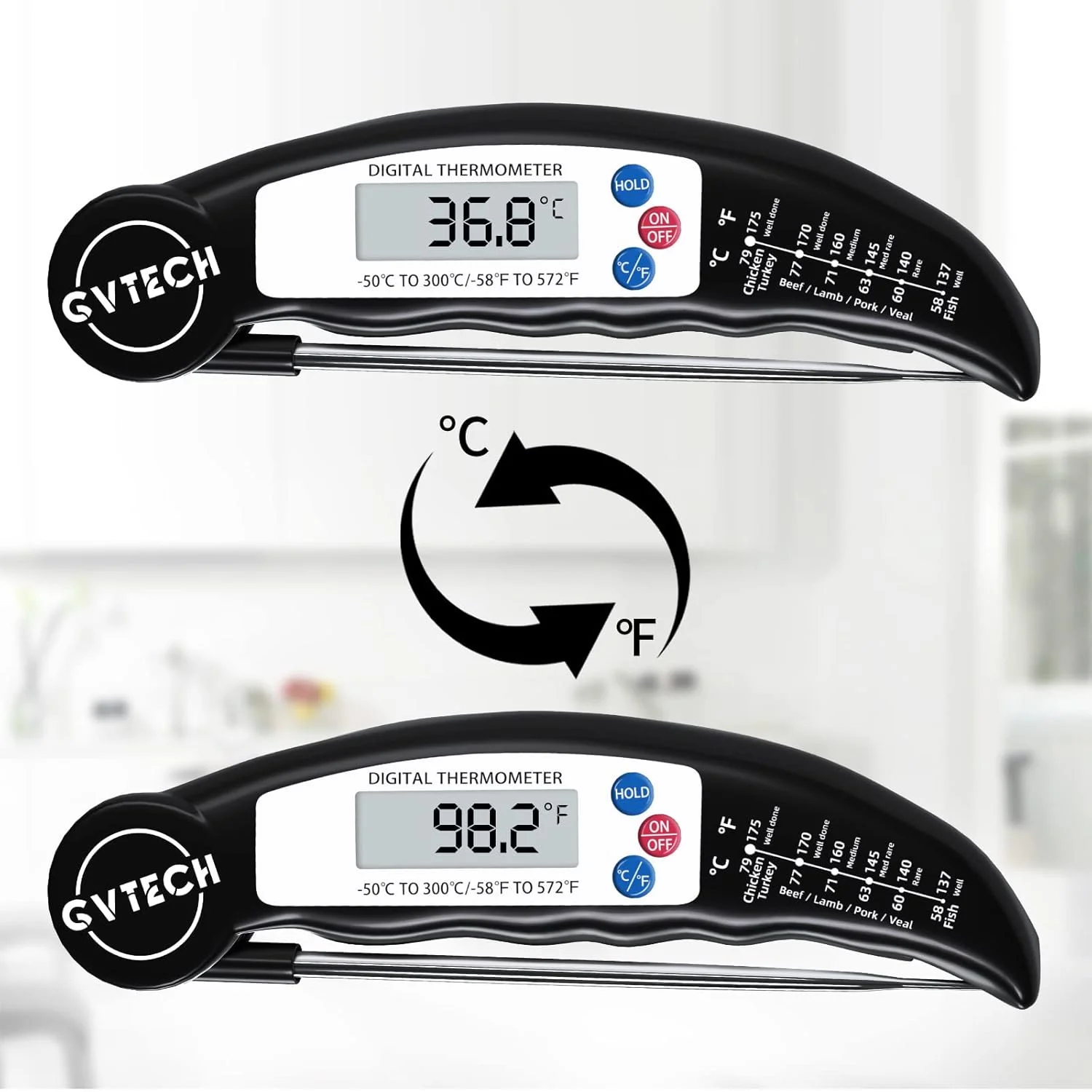 دماسنج غذا، دماسنج دیجیتالی با قابلیت خوانش فوری، دماسنج تاشو با میله بلند، با واحدهای اندازه گیری سانتیگراد و فارنهایت، خاموش و روشن شدن خودکار، مناسب برای آشپزخانه، باربیکیو، آب، شیر، مربا و نوشیدنی های گرم (مشکی)