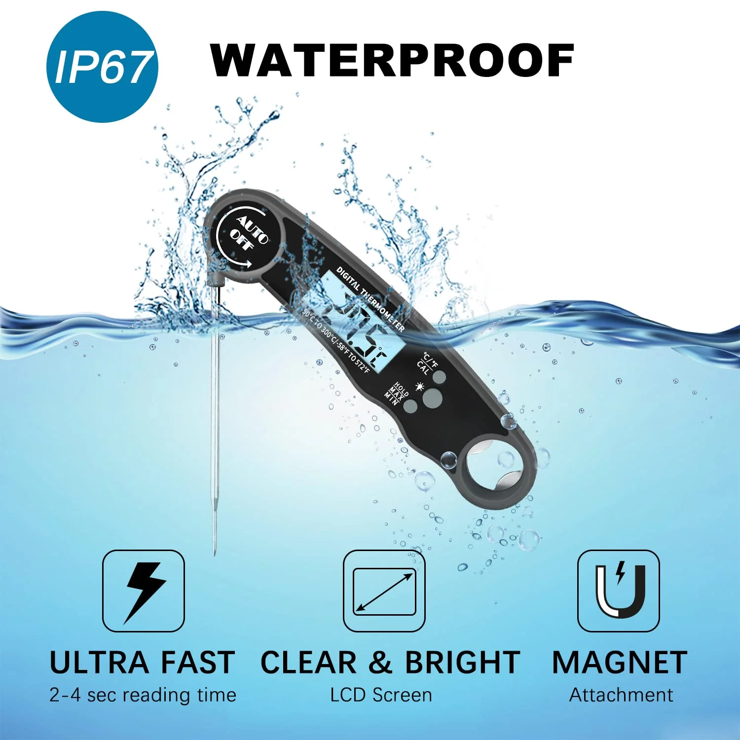 دماسنج دیجیتال گوشت ایباما با ال سی دی، آهنربا و چوب پنبه بازکن، دماسنج آشپزی ضد آب IPX6 مناسب برای پخت، فر، سرخ کن، آبنبات، گریل، باربیکیو و بوقلمون، مشکی