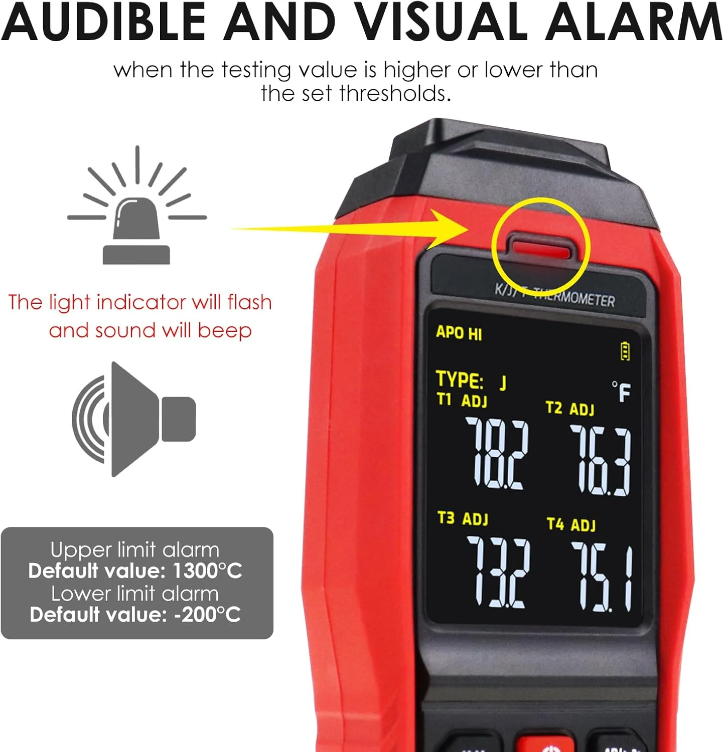 دماسنج ترموکوپل ثبات دهنده اطلاعات دیجیتال، دماسنج 4 کاناله نوع K/J، دستگاه اندازه گیری دما، ثبات دهنده دما با آلارم صوتی و نوری -200 تا 1372 درجه سانتیگراد (-328 تا 2501 درجه فارنهایت) دماسنج ترموکوپل ثبات دهنده اطلاعات دیجیتال، دماسنج 4 کاناله نوع K/J، دستگاه اندازه گیری دما، ثبات دهنده دما با آلارم صوتی و نوری -200 تا 1372 درجه سانتیگراد (-328 تا 2501 درجه فارنهایت)