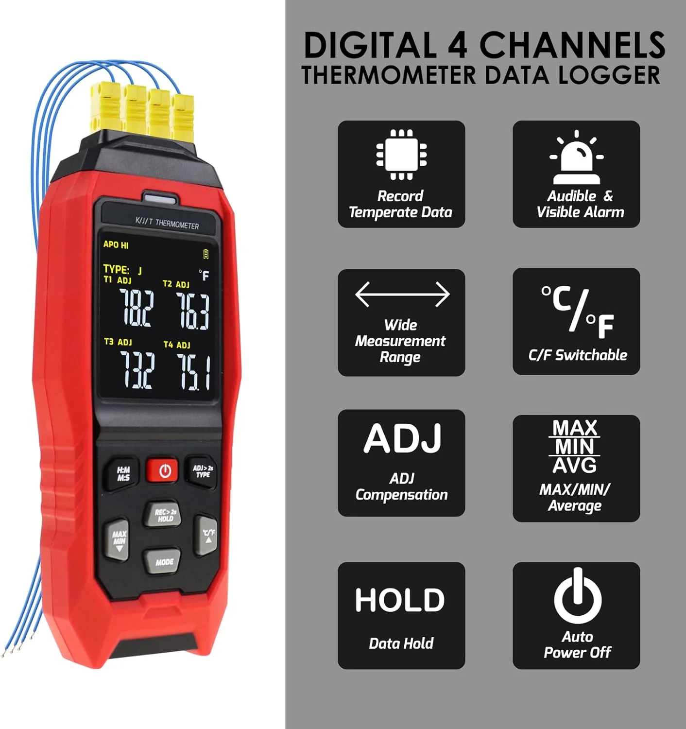 دماسنج ترموکوپل ثبات دهنده اطلاعات دیجیتال، دماسنج 4 کاناله نوع K/J، دستگاه اندازه گیری دما، ثبات دهنده دما با آلارم صوتی و نوری -200 تا 1372 درجه سانتیگراد (-328 تا 2501 درجه فارنهایت) دماسنج ترموکوپل ثبات دهنده اطلاعات دیجیتال، دماسنج 4 کاناله نوع K/J، دستگاه اندازه گیری دما، ثبات دهنده دما با آلارم صوتی و نوری -200 تا 1372 درجه سانتیگراد (-328 تا 2501 درجه فارنهایت)