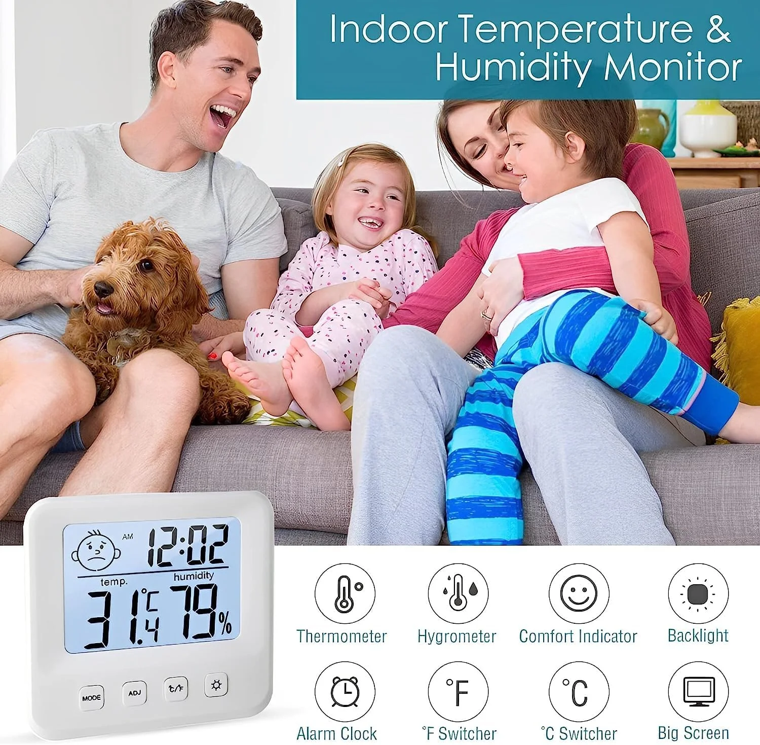 دماسنج و رطوبت سنج دیجیتال McMola، دماسنج اتاق و رطوبت سنج با نمایشگر دما و رطوبت، نور پس زمینه، ساعت و عملکرد ℃/℉