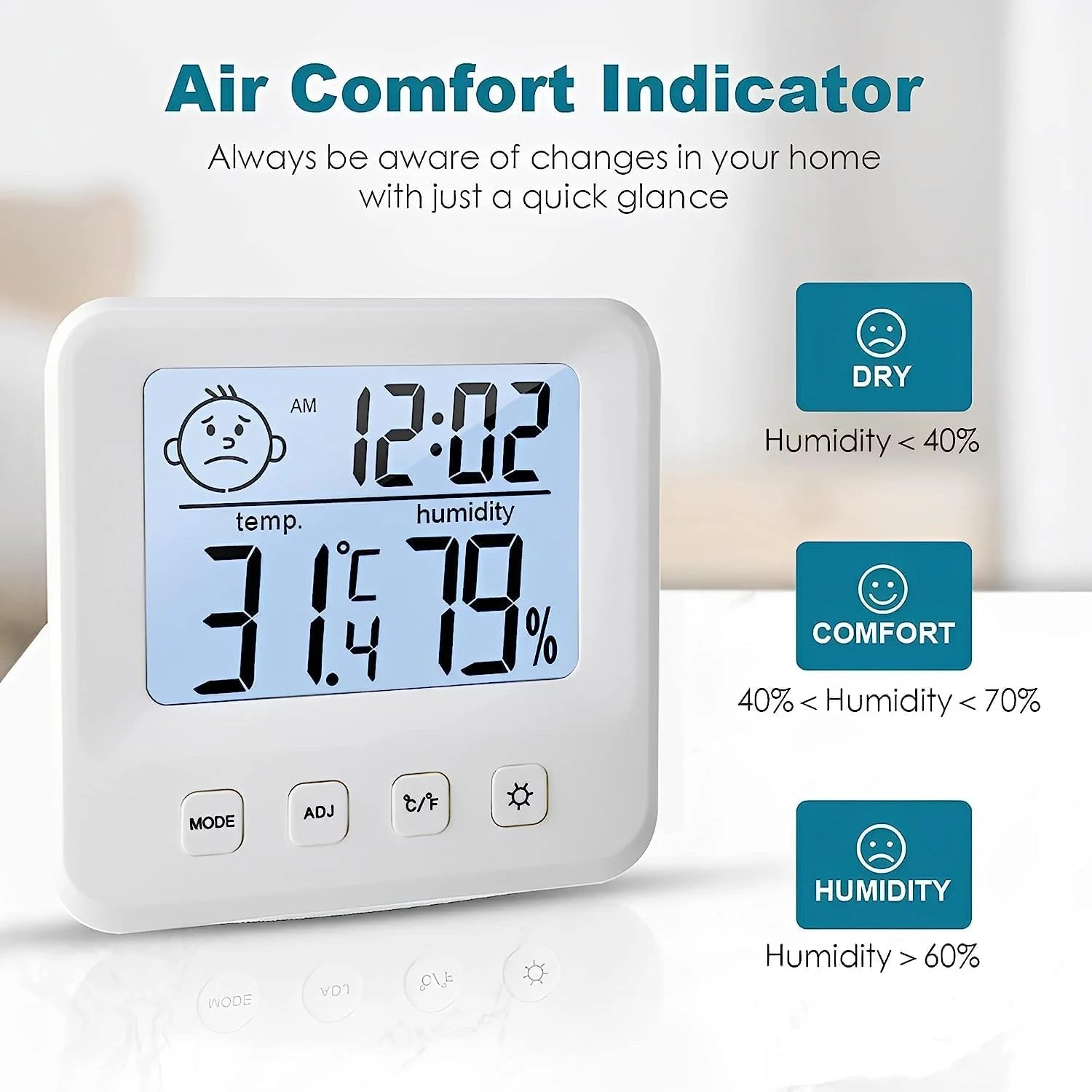 دماسنج و رطوبت سنج دیجیتال McMola، دماسنج اتاق و رطوبت سنج با نمایشگر دما و رطوبت، نور پس زمینه، ساعت و عملکرد ℃/℉