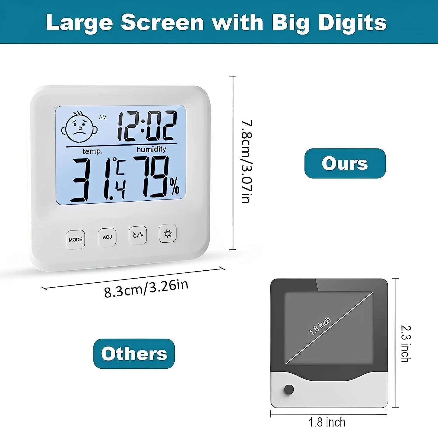 دماسنج و رطوبت سنج دیجیتال McMola، دماسنج اتاق و رطوبت سنج با نمایشگر دما و رطوبت، نور پس زمینه، ساعت و عملکرد ℃/℉