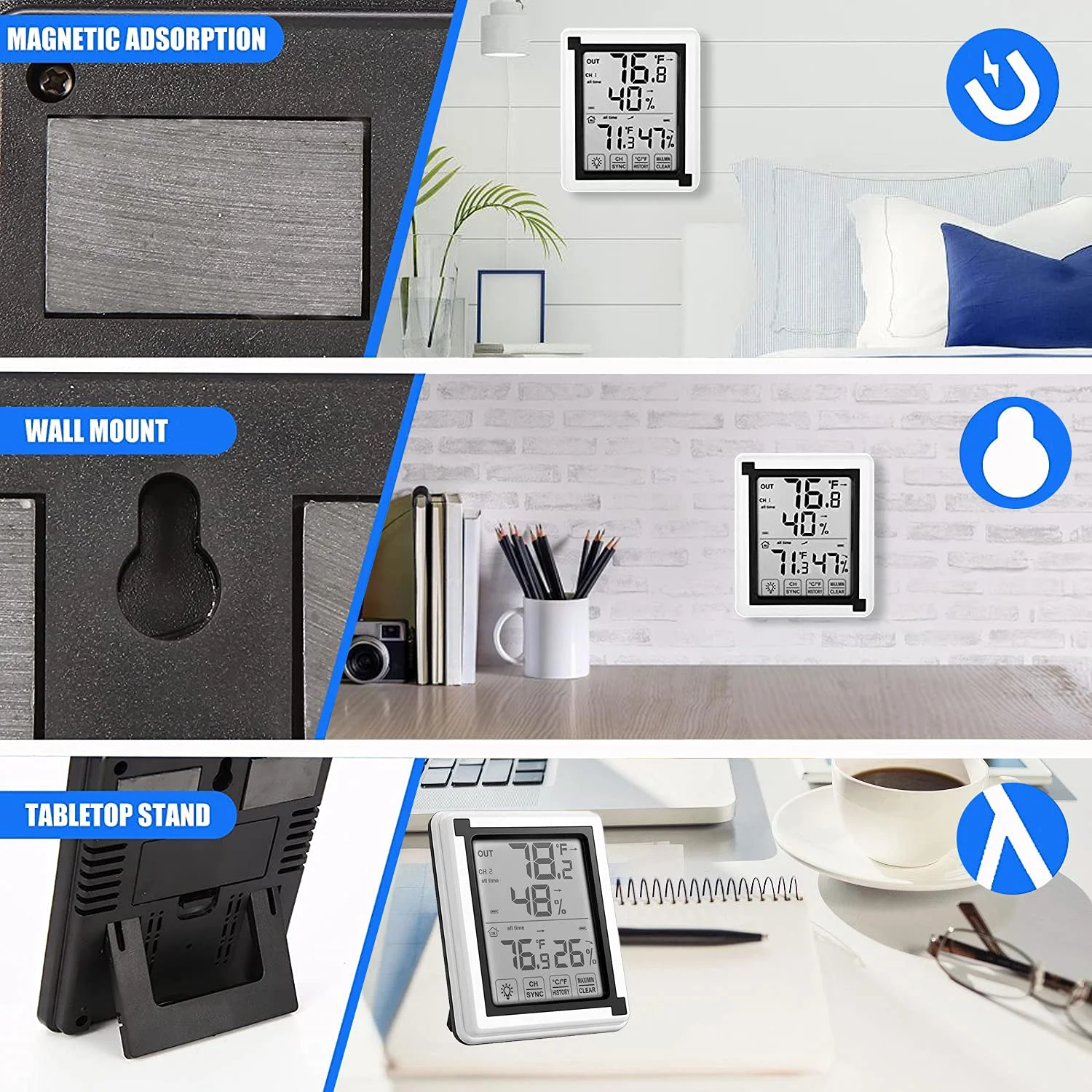 رطوبت سنج دیجیتال، دماسنج داخلی و خارجی، نمایشگر رطوبت با صفحه لمسی LCD با نور پس زمینه، دماسنج با برد 60 متری، دماسنج و رطوبت سنج بی سیم (باتری شامل نمی شود) رطوبت سنج دیجیتال، دماسنج داخلی و خارجی، نمایشگر رطوبت با صفحه لمسی LCD با نور پس زمینه، دماسنج با برد 60 متری، دماسنج و رطوبت سنج بی سیم (باتری شامل نمی شود)