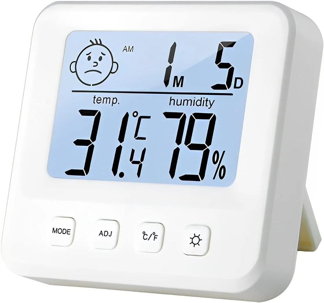 رطوبت سنج دیجیتال McMola، دماسنج داخلی، دماسنج اتاق و سنجش رطوبت با نمایشگر دما و رطوبت، نور پس زمینه، ساعت و عملکرد ℃/℉ رطوبت سنج دیجیتال McMola، دماسنج داخلی، دماسنج اتاق و سنجش رطوبت با نمایشگر دما و رطوبت، نور پس زمینه، ساعت و عملکرد ℃/℉