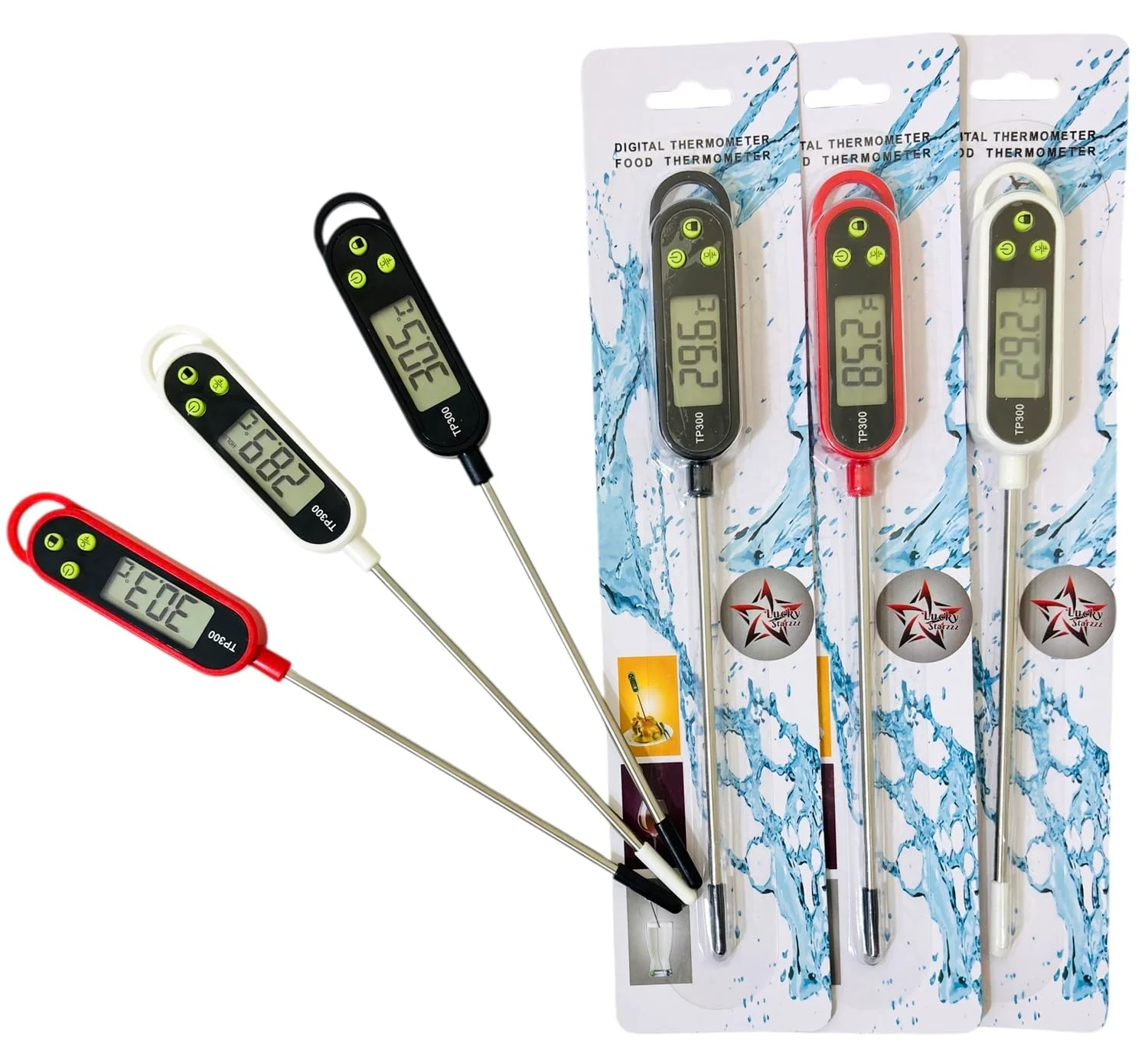 دماسنج غذا LUCKY STARZZZ دیجیتال گوشت، ارتقا یافته با دکمه های نرم سیلیکونی سبز، مجموعه 3 رنگ TP300، شامل 3 باتری دماسنج غذا LUCKY STARZZZ دیجیتال گوشت، ارتقا یافته با دکمه های نرم سیلیکونی سبز، مجموعه 3 رنگ TP300، شامل 3 باتری